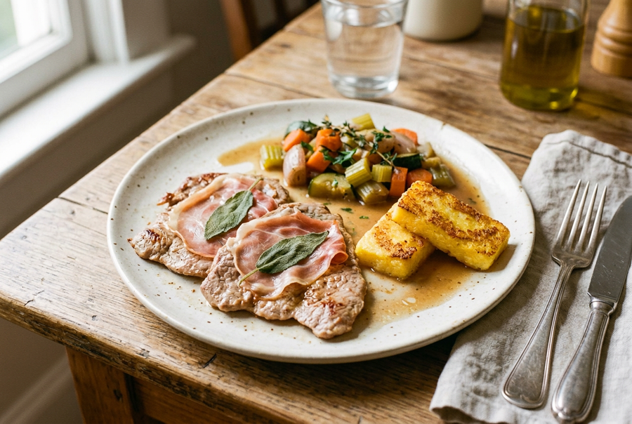 Saltimbocca vom Kalb mit Schmorgemüse und gebratener Polenta