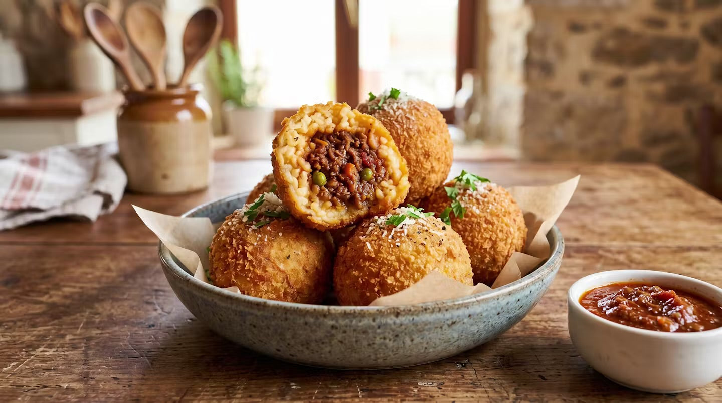 Arancini al Ragù su Salsa di Pomodoro e Basilico